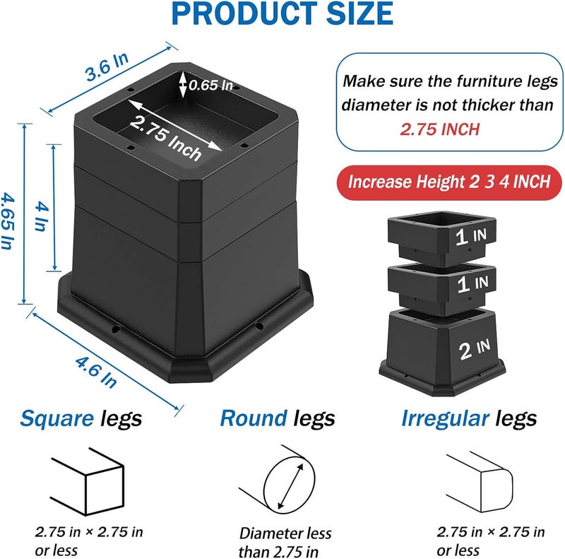 ANNKUT Bed Risers 4 Inch Heavy Duty,Elevation in Heights 2,3 or 4 Inch Furniture Risers for Chair Table and Desk Legs Lifting-Bed Lifts Risers(Set of 4 Riser, Black) - Image 2