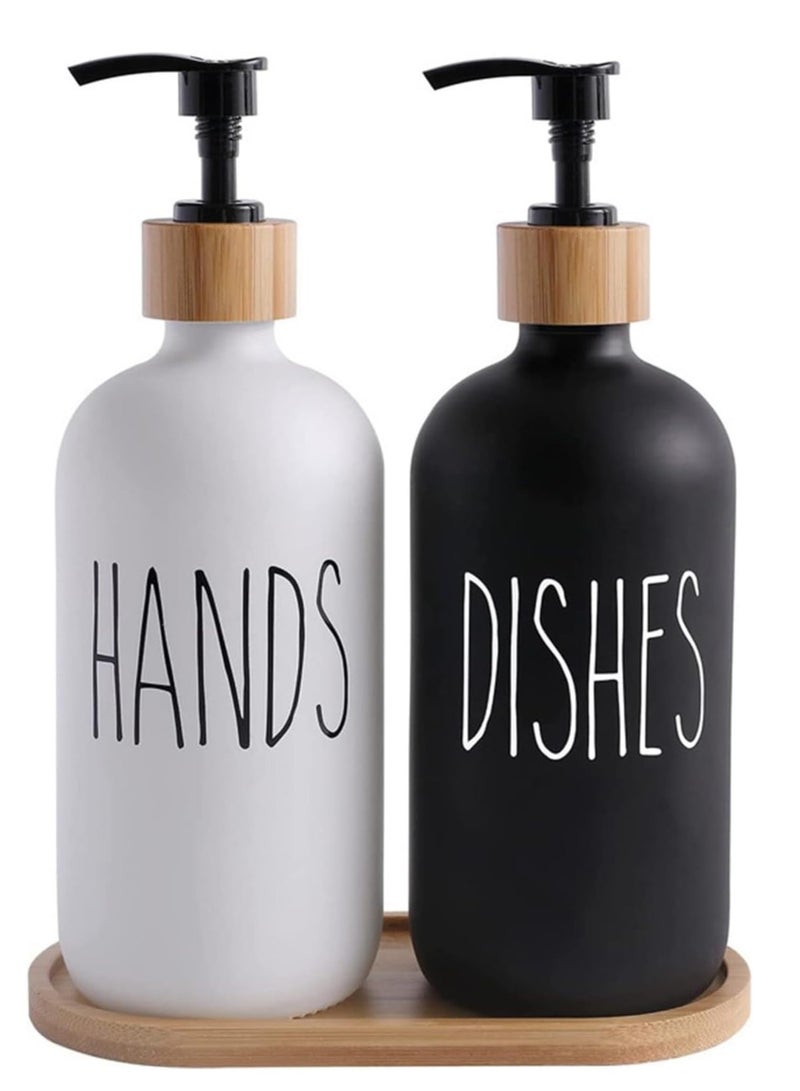 Glass Soap Dispenser Set with Pump for Hands and Dish with Thick Bamboo Tray - Suitable for Home Decor (Black and White) - Image 1