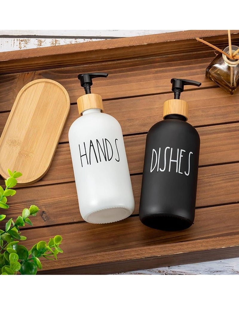 Glass Soap Dispenser Set with Pump for Hands and Dish with Thick Bamboo Tray - Suitable for Home Decor (Black and White) - Image 2