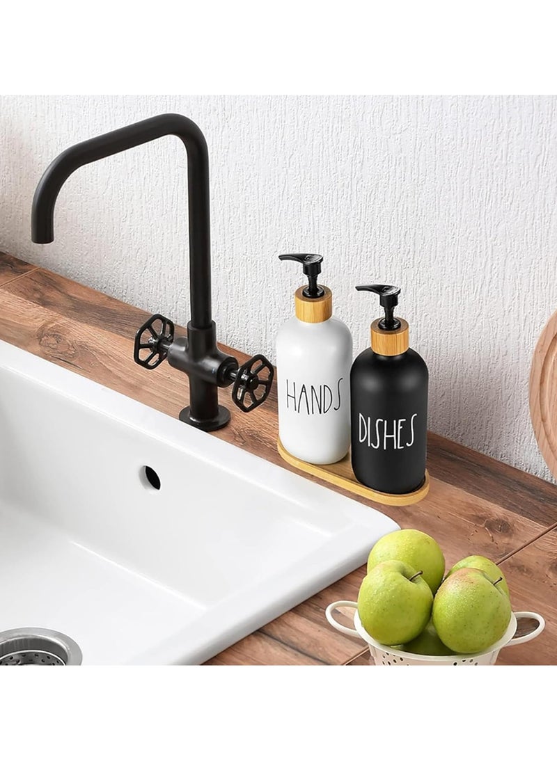 Glass Soap Dispenser Set with Pump for Hands and Dish with Thick Bamboo Tray - Suitable for Home Decor (Black and White) - Image 3