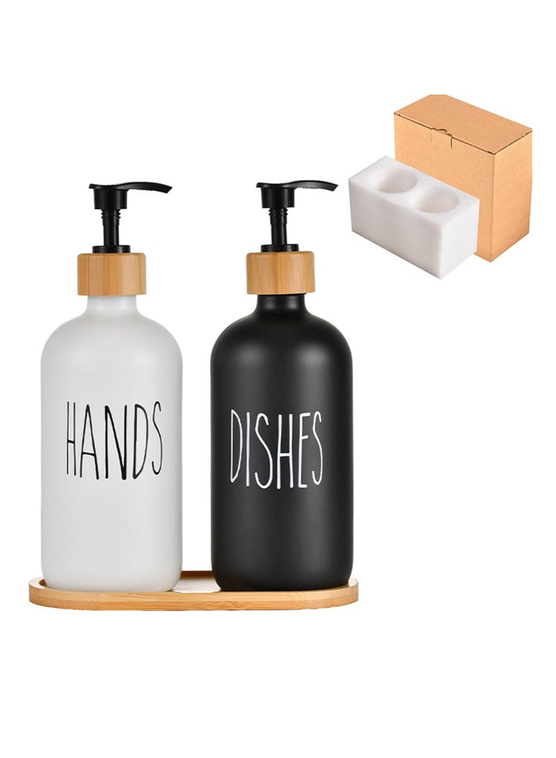 Glass Soap Dispenser Set with Pump for Hands and Dish with Thick Bamboo Tray - Suitable for Home Decor (Black and White) - Image 4