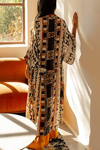 YouKD Women's Long Kaftan Bohemian Kimono Maxi Beach Cover Up Night Dress, C Light Brown, One Size - Image 3