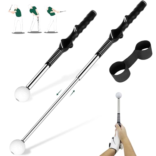 KALAUTO Golf Swing Trainer with Golf Swing Band- Retractable Golf Swing Training Aid Click Club Indoor Practice Warm Up Stick Flexible Telescopic Tempo Trainer (Black-Right Hand) - Image 1