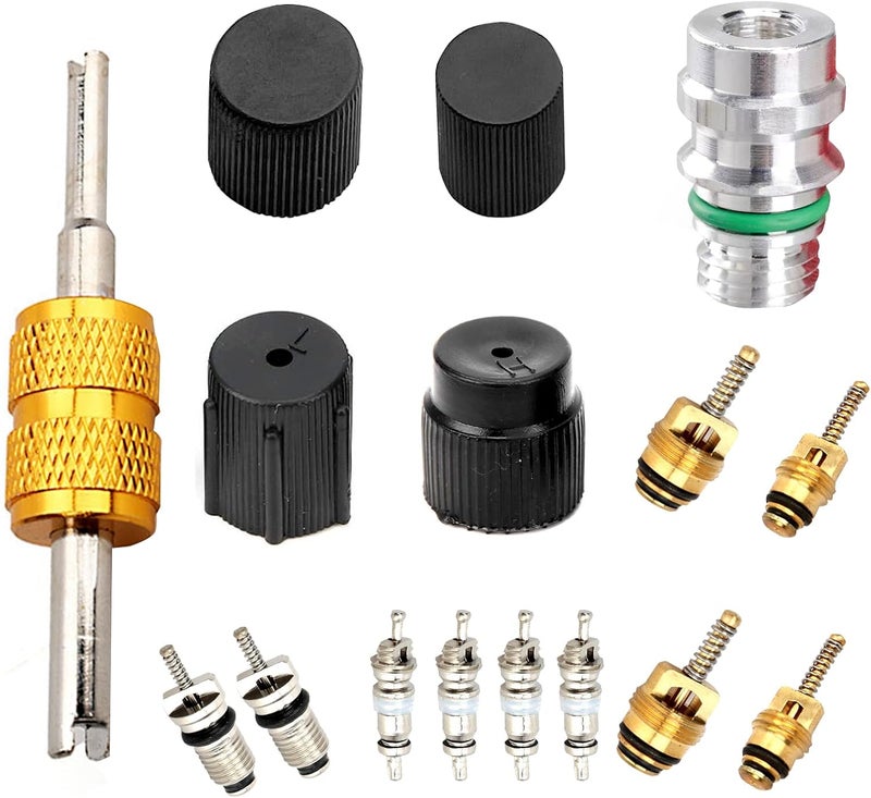 icykale 16 PCS Automobile Air Conditioning Valve Core Kit, Valve Core Wrench A/C System Port Seal Cover Repair Accessories, Air Conditioning Pipeline Valve Core Seat, Universal for Cars (Black) - Image 1