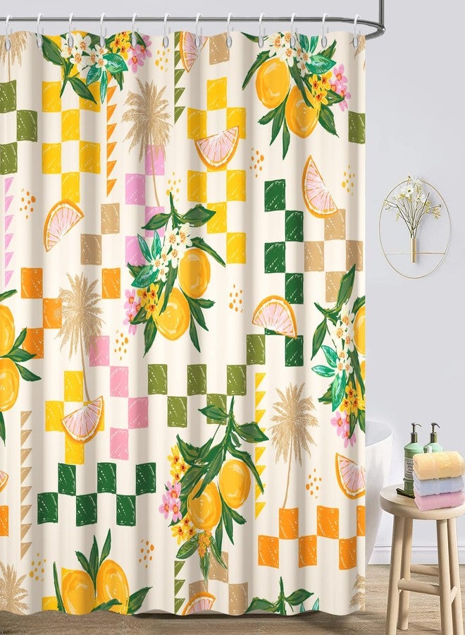 Ruelvth Yellow Shower Curtain, Watercolor Citru Fruits Lemon Shower Curtain Set with Hooks Green and Pink Waterproof Summer Bathroom Decor, 72x72 Inch - Image 1