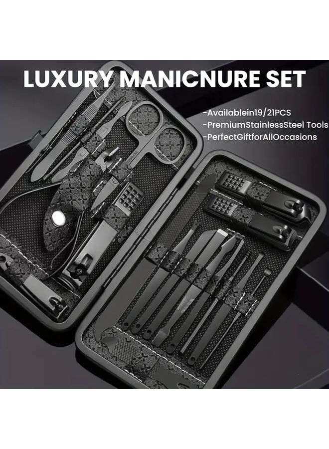 Luxury 21pcs Black Stainless Steel Nail Clipper Set Manicure Kit With Travel Storage Box - Image 1