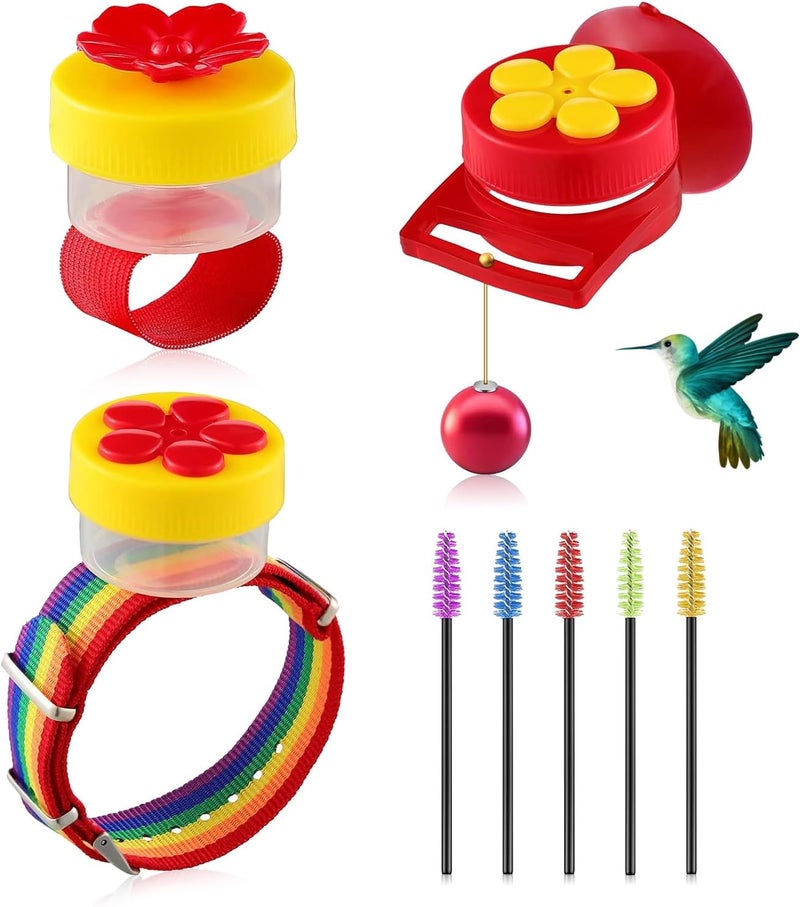 Feelorna Hand Hummingbird Feeder Set, 3 Styles Handheld Hummingbird Feeders with 5Pcs Cleaning Brush, Adjustable Wrist Feeders Suction Cup Bird Feeder Hummingbird Ring Feeder (Hummingbird Feeder Set) - Image 1