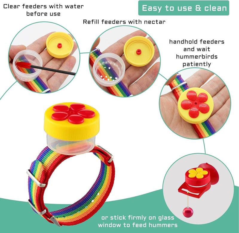 Feelorna Hand Hummingbird Feeder Set, 3 Styles Handheld Hummingbird Feeders with 5Pcs Cleaning Brush, Adjustable Wrist Feeders Suction Cup Bird Feeder Hummingbird Ring Feeder (Hummingbird Feeder Set) - Image 4