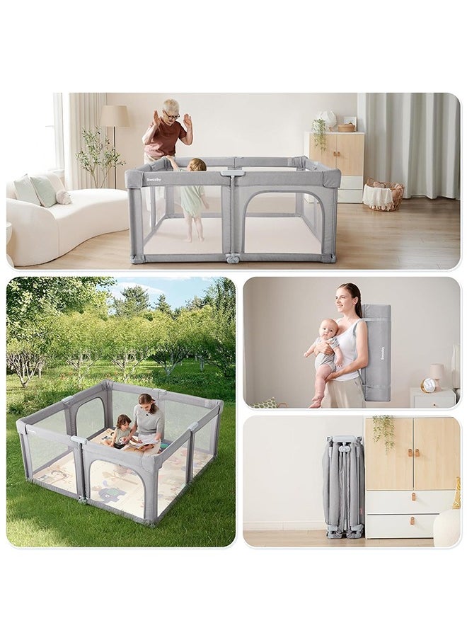 JCB CHIC - Baby Playpen,127×127cm Baby Gate Foldable Playpens for Babies and Toddlers, Extra Large Playpen with Door Play Yard for Baby Fence Indoor and Outdoor Play Pen,Grey - Image 1