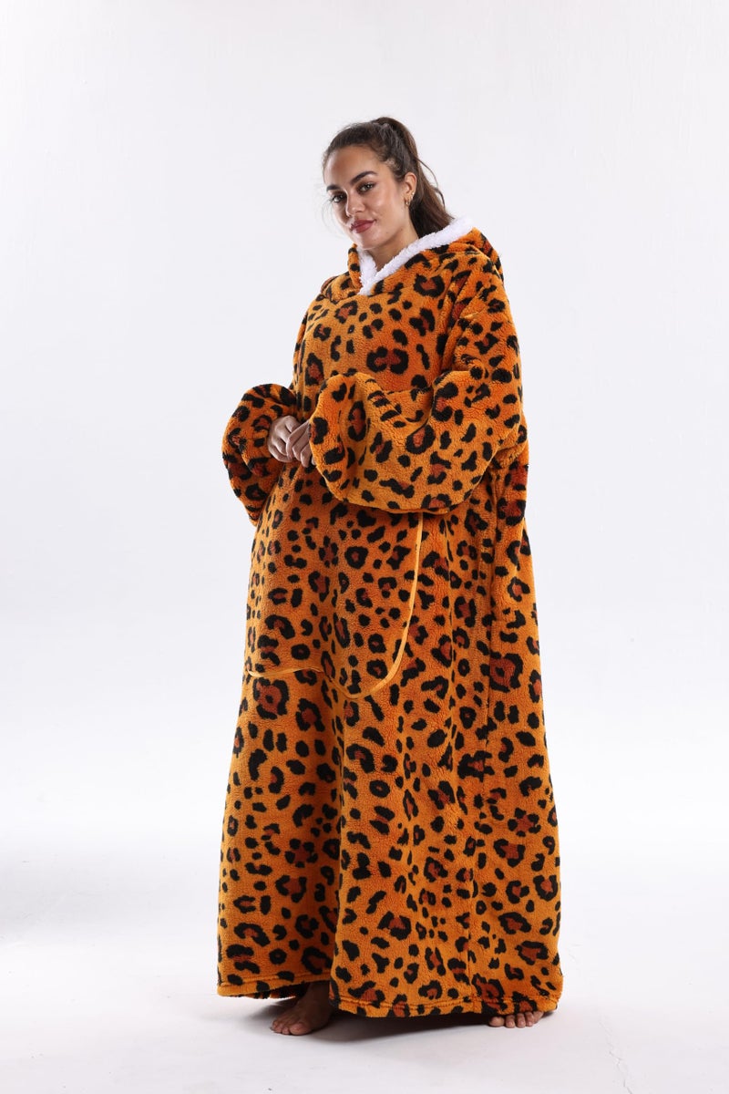 Capecage Wearable Blanket, Long Blanket Hoodie as Gifts for Women Men, Long Hooded Blanket for Men Women Blanket Hoodies (Orange Leopard Print) - Image 3