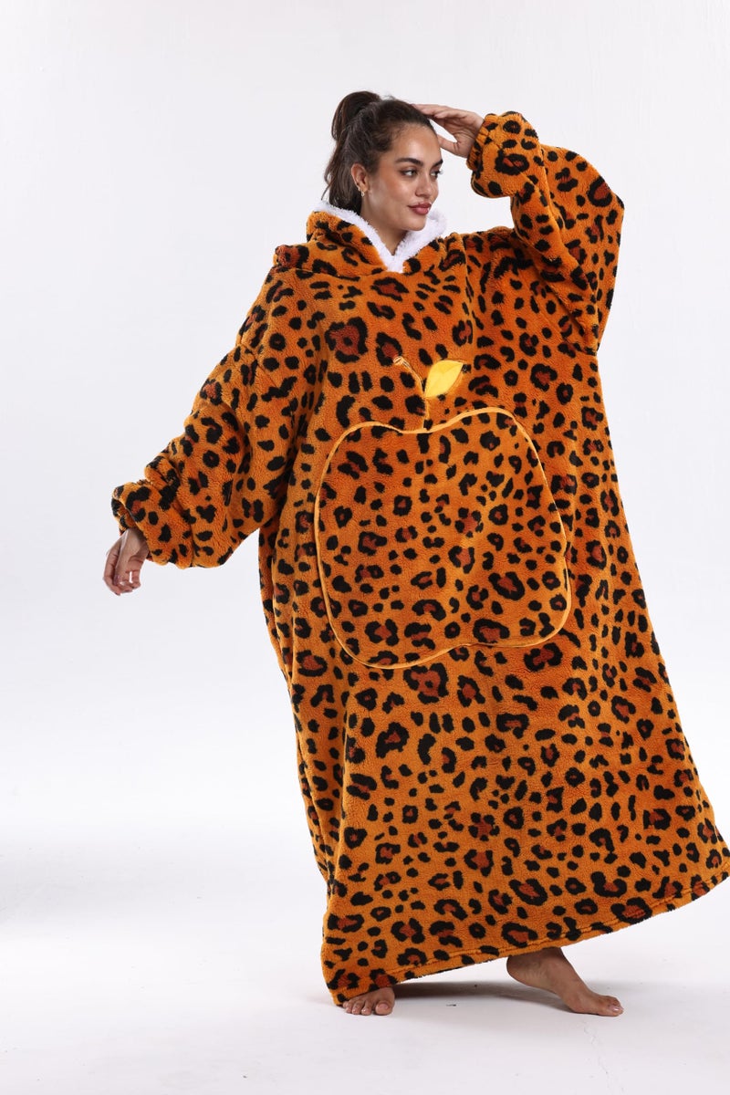 Capecage Wearable Blanket, Long Blanket Hoodie as Gifts for Women Men, Long Hooded Blanket for Men Women Blanket Hoodies (Orange Leopard Print) - Image 2