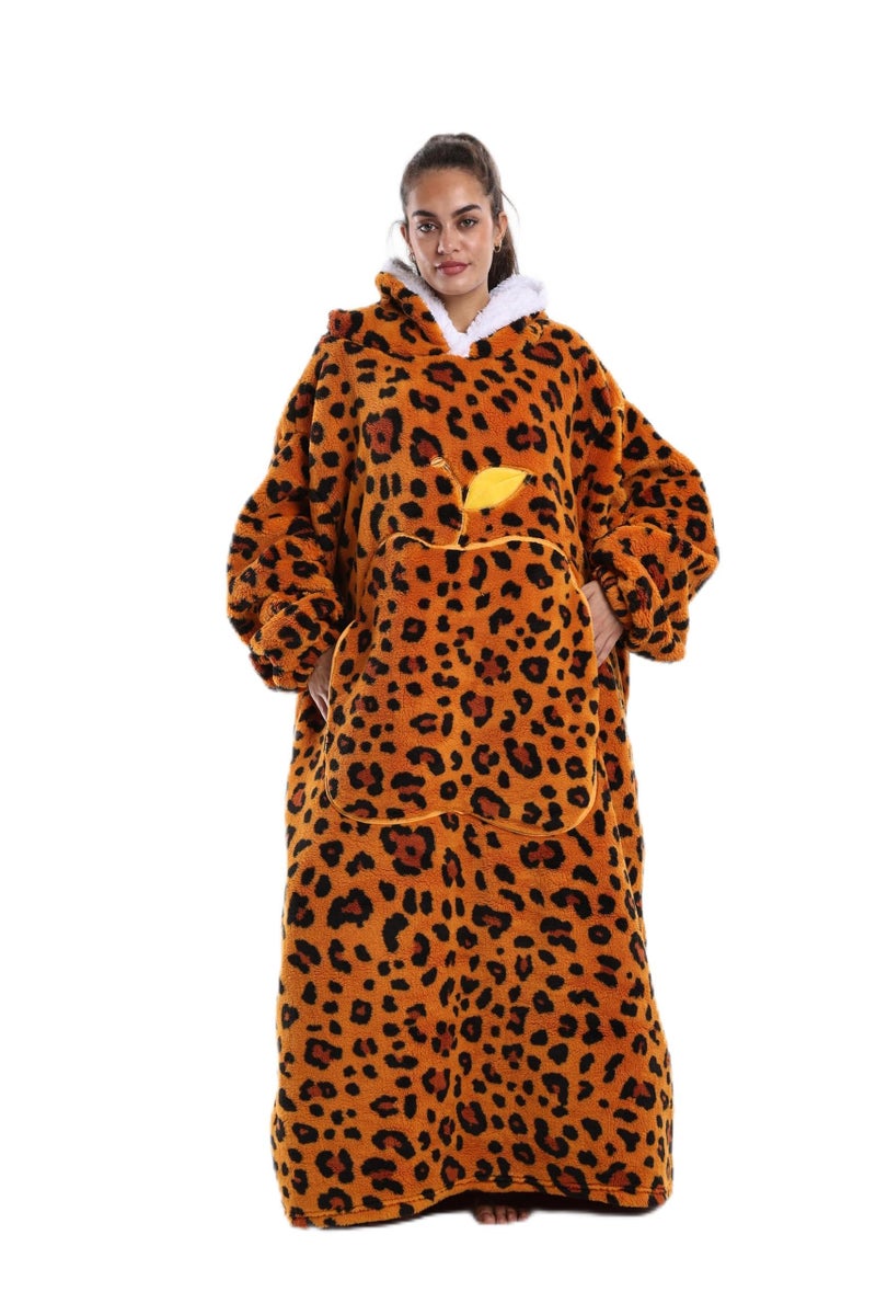 Capecage Wearable Blanket, Long Blanket Hoodie as Gifts for Women Men, Long Hooded Blanket for Men Women Blanket Hoodies (Orange Leopard Print) - Image 1