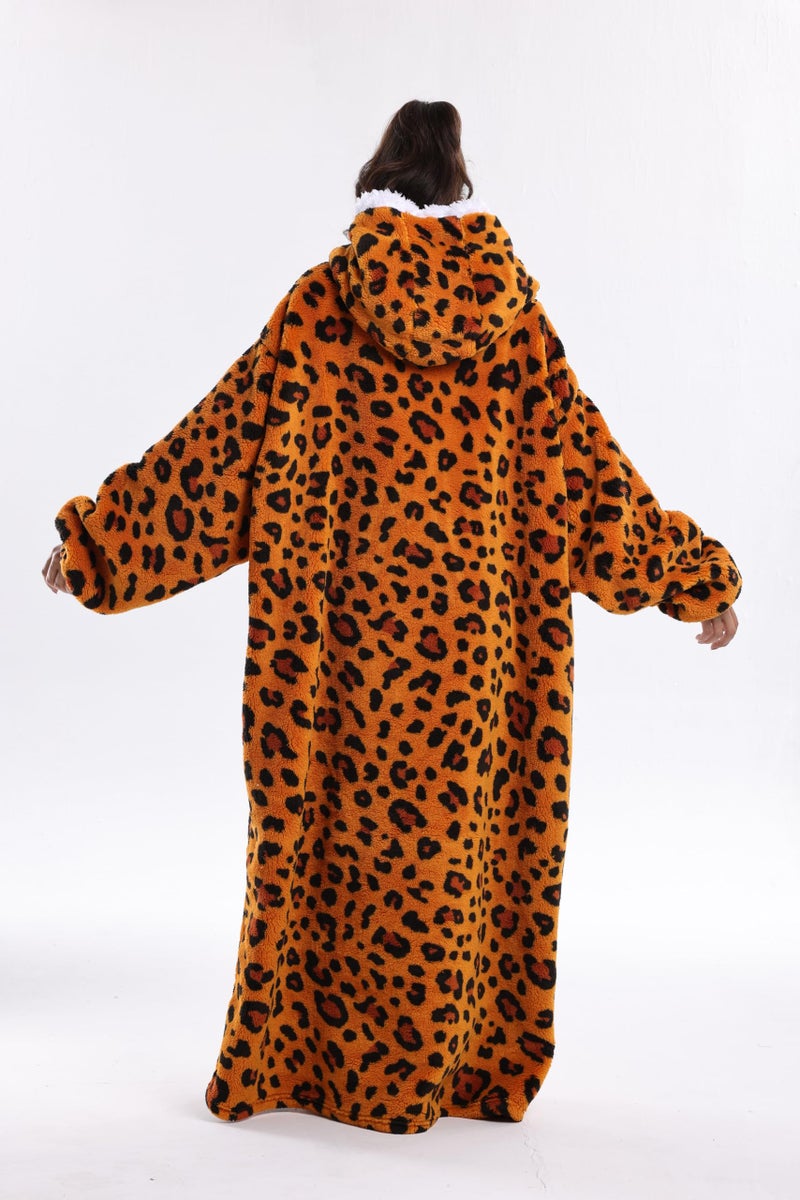 Capecage Wearable Blanket, Long Blanket Hoodie as Gifts for Women Men, Long Hooded Blanket for Men Women Blanket Hoodies (Orange Leopard Print) - Image 5