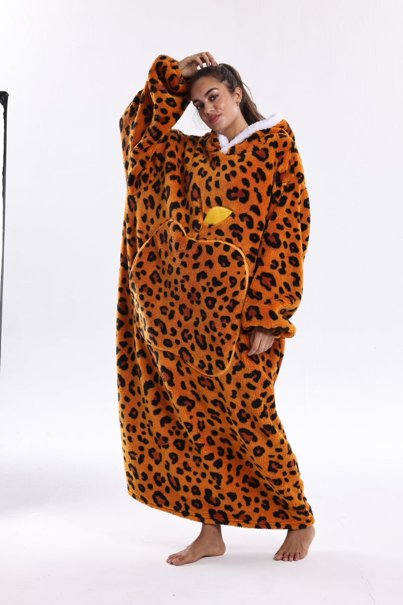 Capecage Wearable Blanket, Long Blanket Hoodie as Gifts for Women Men, Long Hooded Blanket for Men Women Blanket Hoodies (Orange Leopard Print) - Image 4