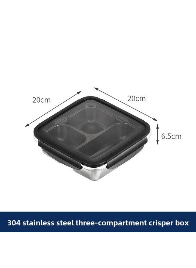 304 Stainless Steel Fresh-keeping Box Fruit Simple Meal With Lid Sealed Lunch Box Office Worker Lunch Box Student Compartment Lunch Box-Specifications:Square [three Grid Flat Cap] 1200ml  - Image 1