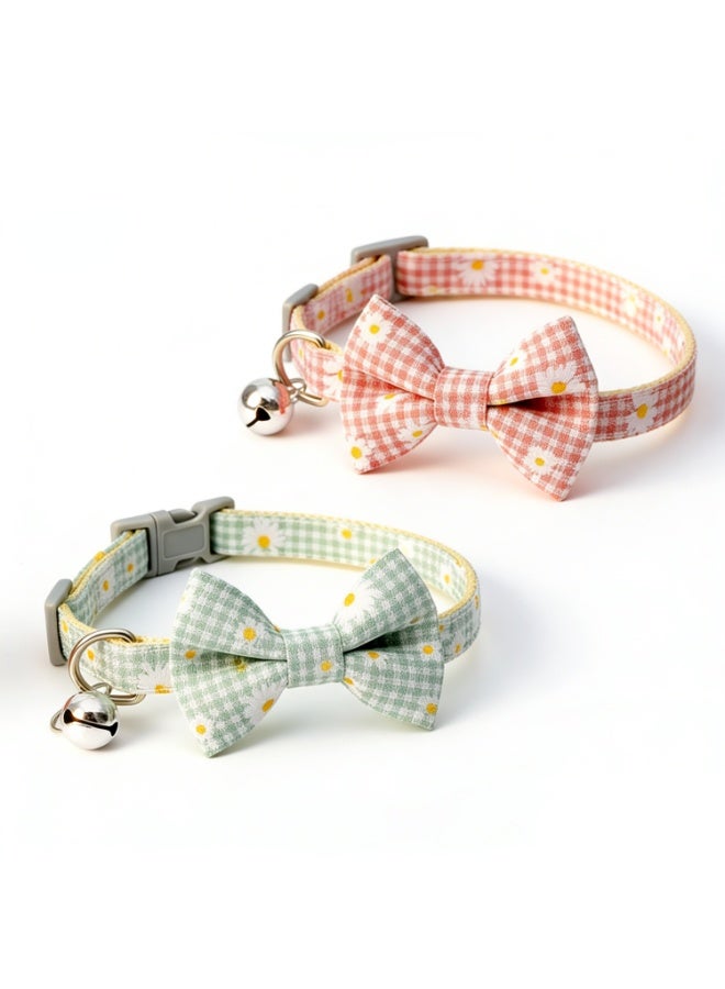 2 Pack Cute Pink Floral Bowtie Cat Collar with Bell, Soft Cotton Adjustable Collar for Cats and Kittens