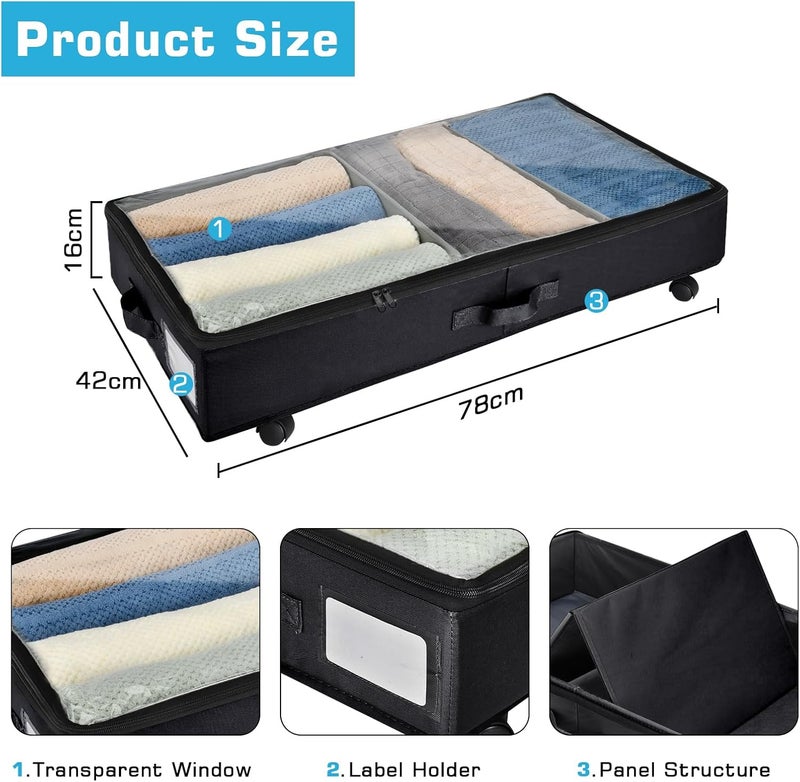 Xtsuen 2 Pack Metal Frame 360° Rotating Wheels Underbed Shelves with One Base Plate and Two Adjustable Dividers with Clear Window for Clothes, Shoes and Blankets - Image 4