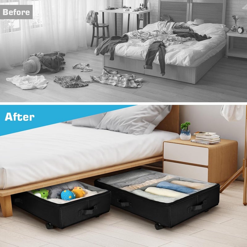 Xtsuen 2 Pack Metal Frame 360° Rotating Wheels Underbed Shelves with One Base Plate and Two Adjustable Dividers with Clear Window for Clothes, Shoes and Blankets - Image 3