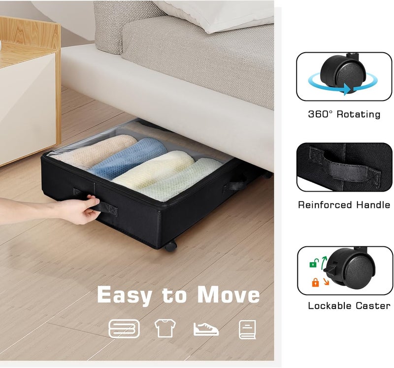 Xtsuen 2 Pack Metal Frame 360° Rotating Wheels Underbed Shelves with One Base Plate and Two Adjustable Dividers with Clear Window for Clothes, Shoes and Blankets - Image 2