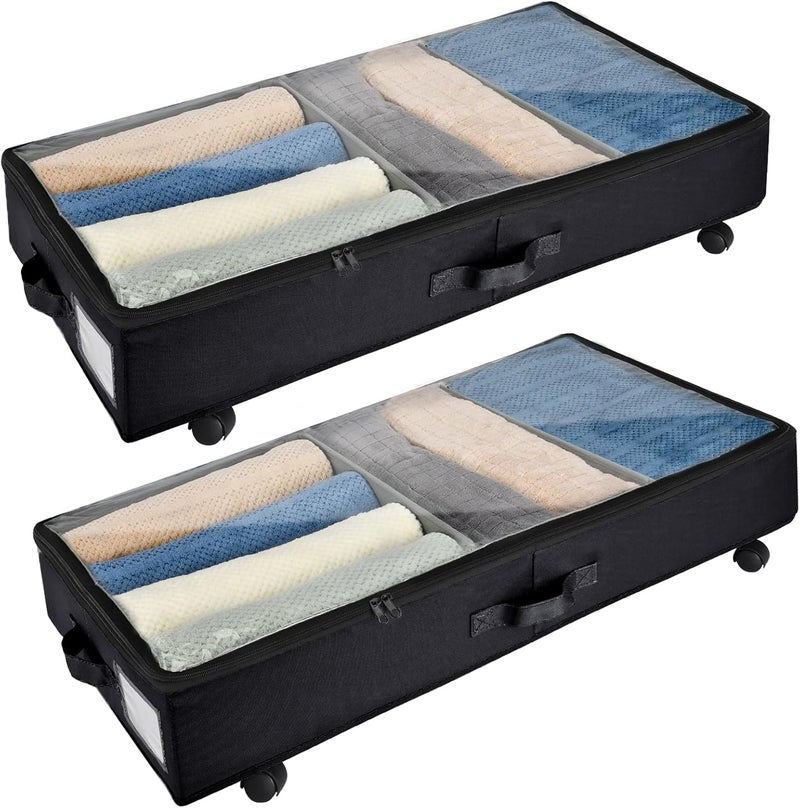 Xtsuen 2 Pack Metal Frame 360° Rotating Wheels Underbed Shelves with One Base Plate and Two Adjustable Dividers with Clear Window for Clothes, Shoes and Blankets - Image 1
