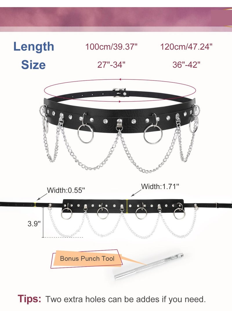Punk Black Waist Chain Belt for Women, Leather Rave Body Goth Accessories Jewelry. Perfect for adding edge to outfits.