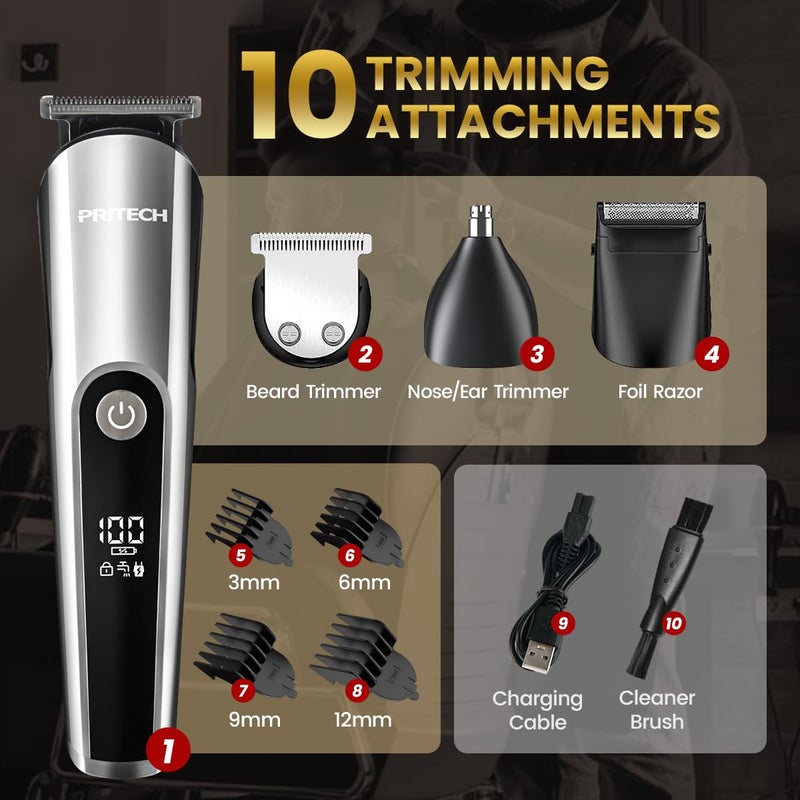 Pritech Hair Clippers for Men, Nose Trimmer, Micro Shavers 3 in 1 Men's Care Kit Wireless Rechargeable Electric Hair Trimmer with LED Display and T Cutting Head, IPX6, Black - Image 5