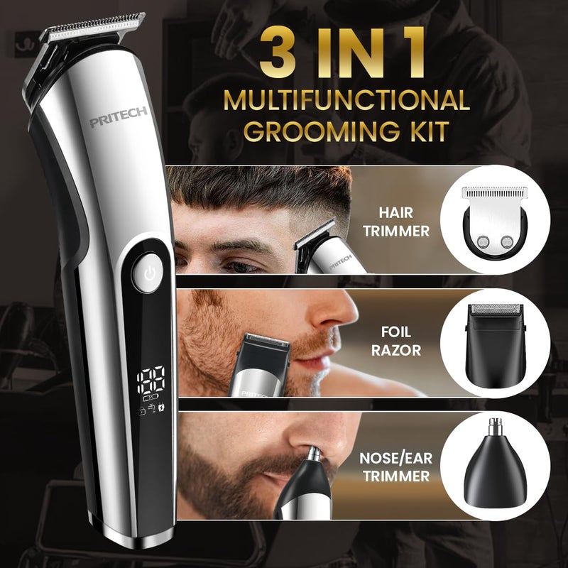 Pritech Hair Clippers for Men, Nose Trimmer, Micro Shavers 3 in 1 Men's Care Kit Wireless Rechargeable Electric Hair Trimmer with LED Display and T Cutting Head, IPX6, Black - Image 3