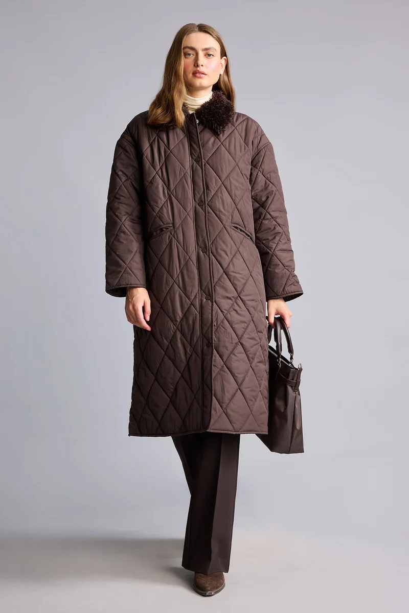 Regular Fit Plush Quilted Polo Collar Snap-Button Parka