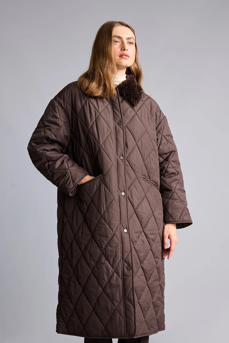 Defacto  Regular Fit Plush Quilted Polo Collar Snap-Button Parka for Women | Best Price UAE