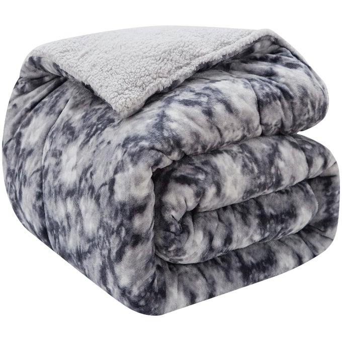 SHERPA FLEECE THROW BLANKET THICK AND WARM BLANKET FOR WINTER SOFT FUZZY PLUSH QUEEN SIZE COMFORTER FOR BED 90 X 90 TIE DYE GREY