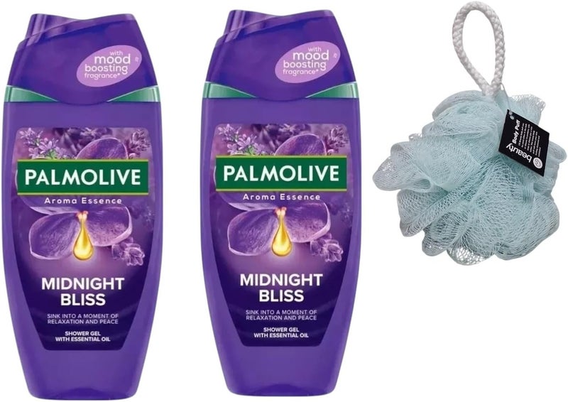 Palmoliv Aroma Midnight Bliss Shower Gel 250ML Twin Pack Calming Lavender With Free Beauty Body PuffAny Colour