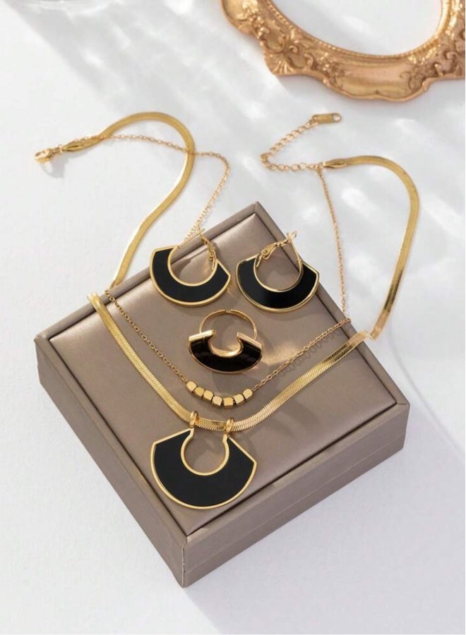 Women's Elegant Gold Stainless Steel Necklace u0026 Earrings u0026 Ring Jewellery Set - Image 2