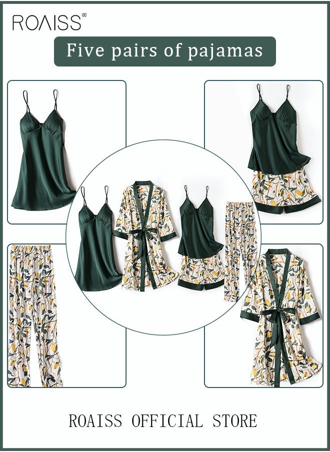 roaiss - 5-Pack Women's Pajama Sets Sling with Chest Pad Nightdress Sweet Sleepwear Home Wearing Clothes Suits Ladies Floral Printing Nightwear Lingerie Robe Underwear Shorts Summer Spring Green - Image 1