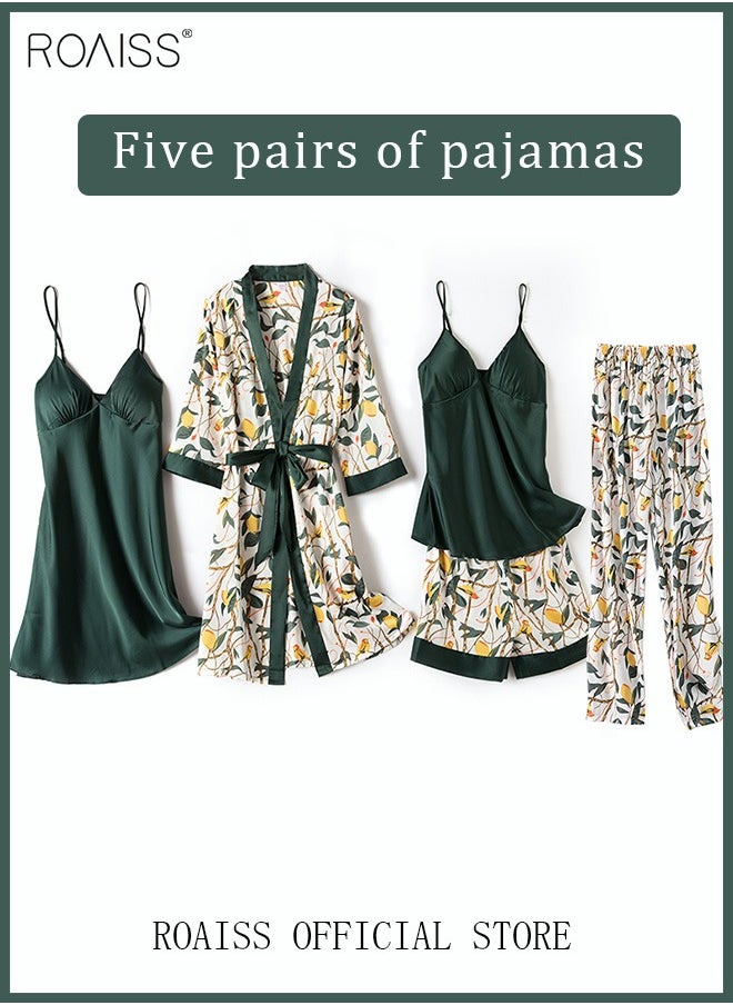 roaiss - 5-Pack Women's Pajama Sets Sling with Chest Pad Nightdress Sweet Sleepwear Home Wearing Clothes Suits Ladies Floral Printing Nightwear Lingerie Robe Underwear Shorts Summer Spring Green - Image 1