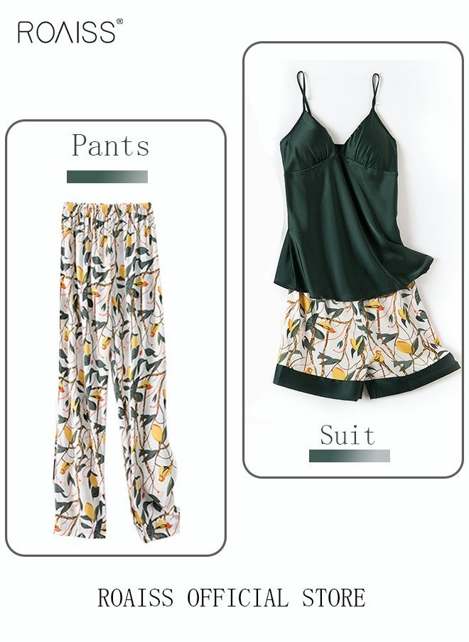 roaiss - 5-Pack Women's Pajama Sets Sling with Chest Pad Nightdress Sweet Sleepwear Home Wearing Clothes Suits Ladies Floral Printing Nightwear Lingerie Robe Underwear Shorts Summer Spring Green - Image 1