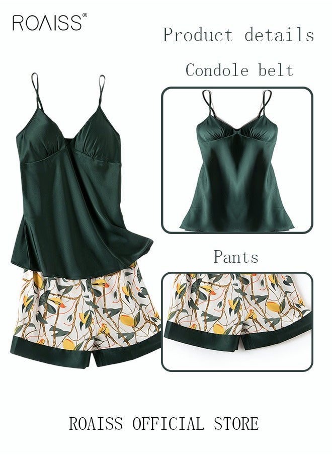 roaiss - 5-Pack Women's Pajama Sets Sling with Chest Pad Nightdress Sweet Sleepwear Home Wearing Clothes Suits Ladies Floral Printing Nightwear Lingerie Robe Underwear Shorts Summer Spring Green - Image 1