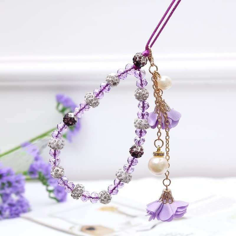 Omorro Cell Phone Straps Phone Chain Strap Crystal Flower Pendant Keychains Beaded Phone Strap Lanyard Beads Chain Anti-Lost and Non-Slip Mobile Phone Strap for Handbag Decoration Accessories Purple - Image 2