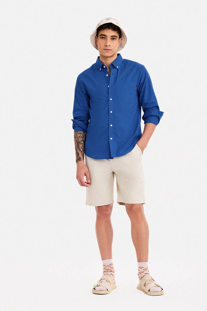 سنيتش Blue Solid Long Sleeve Regular Fit Shirt