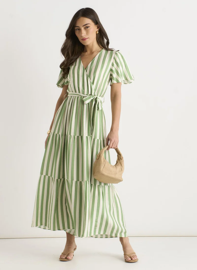 Sage Green Stripe Wrap Belted Viscose Midi Dress