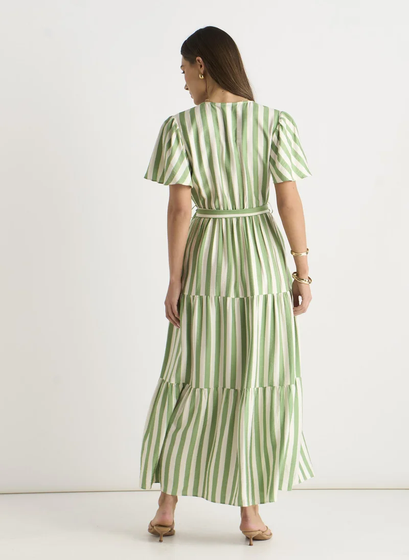 Gini London  Sage Green Stripe Wrap Belted Viscose Midi Dress for Women | Best Price UAE