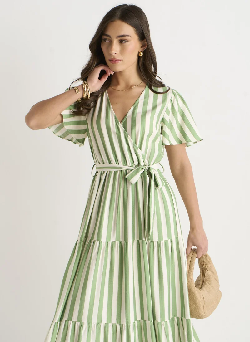 Gini London  Sage Green Stripe Wrap Belted Viscose Midi Dress for Women | Best Price UAE