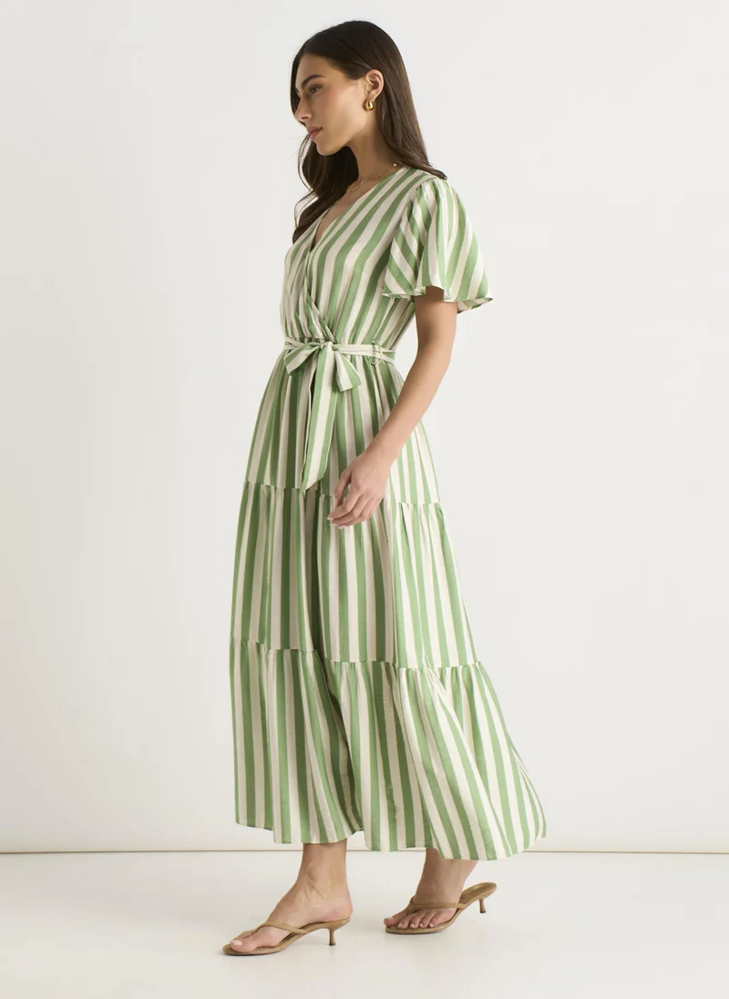 Gini London  Sage Green Stripe Wrap Belted Viscose Midi Dress for Women | Best Price UAE