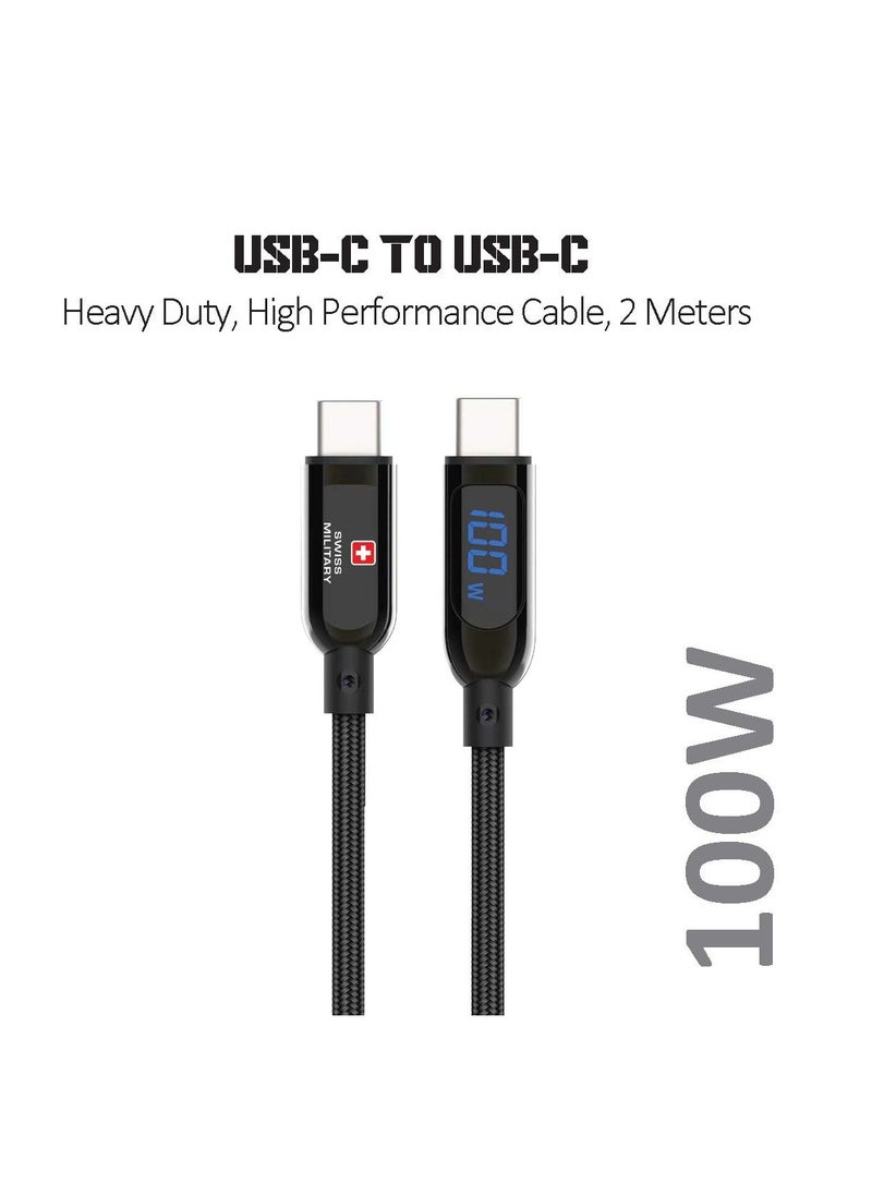 SWISS MILITARY 2M Type C to Type C Premium Braided Cable:100W Power Delivery, LED Display, Rapid Charging, High-Speed Data Transfer Compatible with Apple iPad, MacBook Pro/Air, Samsung,Android - Black  - Image 1