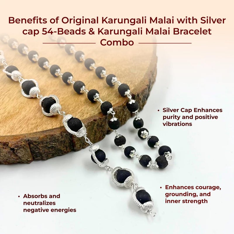 Divine Hindu Karungali Malai Silver Coated Cap Bracelet and 54 Beads Mala Combo - Authentic Ebony Wood for Meditation and Healing - Image 3