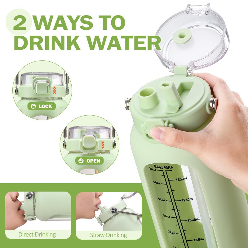 BLUEGO 2000ml Glass Water Bottle with Stainless Steel Handle and Time Marker Motivation Glass 2L with Silicone Sleeve and Straw for Gym Office Outdoor Sport Water Bottles BPA Free Light Green - Image 2