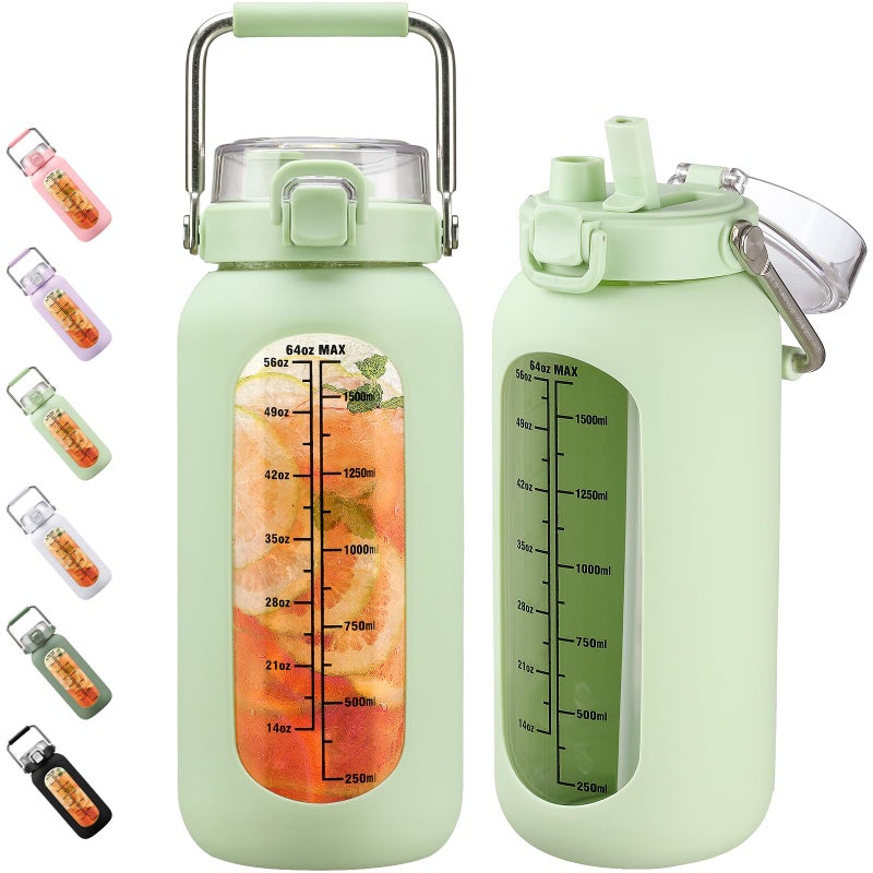 BLUEGO 2000ml Glass Water Bottle with Stainless Steel Handle and Time Marker Motivation Glass 2L with Silicone Sleeve and Straw for Gym Office Outdoor Sport Water Bottles BPA Free Light Green - Image 1