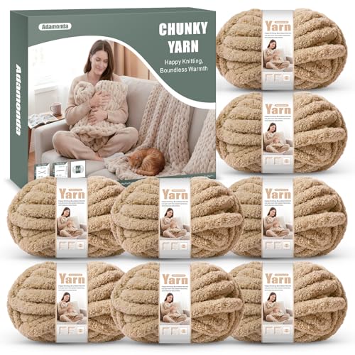 Adamonda Chunky Yarn for Hand Knitting - #8 Chunky Chenille Yarn, Thick Fluffy Chunky Knit Blanket Yarns, Chunky Yarns for Crocheting & DIY Crafts, 8 Skeins (27-28 Yards, 8.4 Ounces Each), Light Khaki - Image 1
