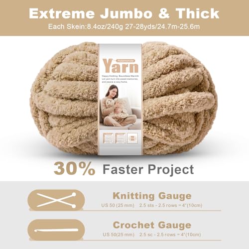 Adamonda Chunky Yarn for Hand Knitting - #8 Chunky Chenille Yarn, Thick Fluffy Chunky Knit Blanket Yarns, Chunky Yarns for Crocheting & DIY Crafts, 8 Skeins (27-28 Yards, 8.4 Ounces Each), Light Khaki - Image 3