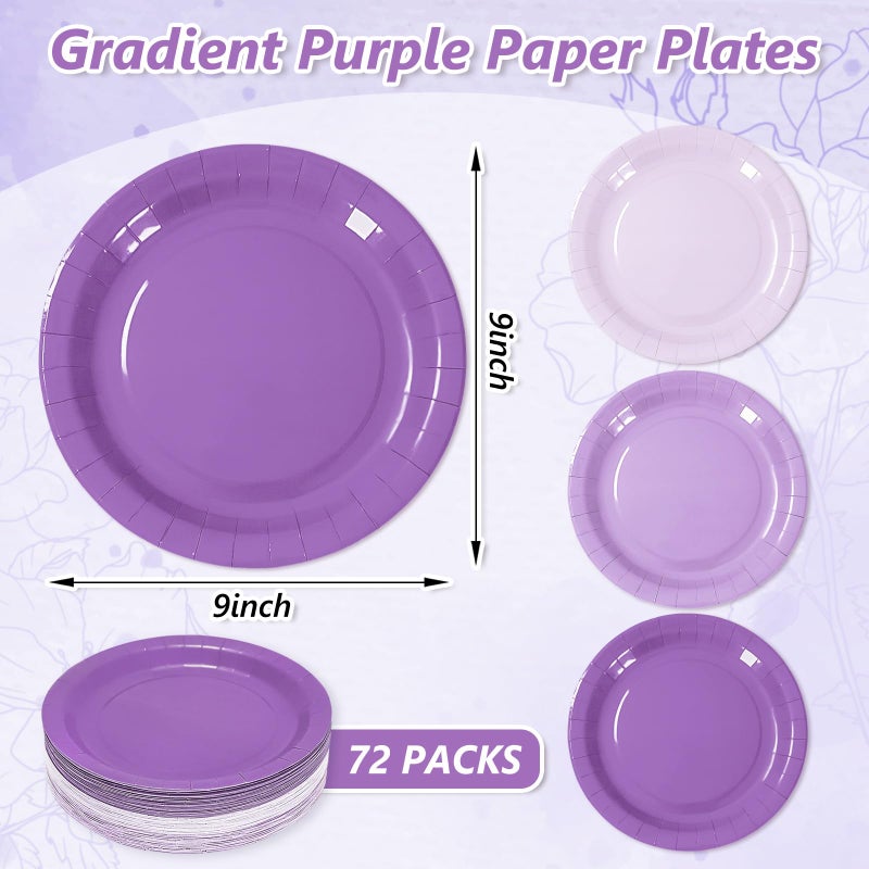 Whaline 72Pcs Purple Paper Plates 9 Inch Gradient Purple Color Disposable Round Plates WeddingTableware Dessert Plates  3 Colors - Image 2
