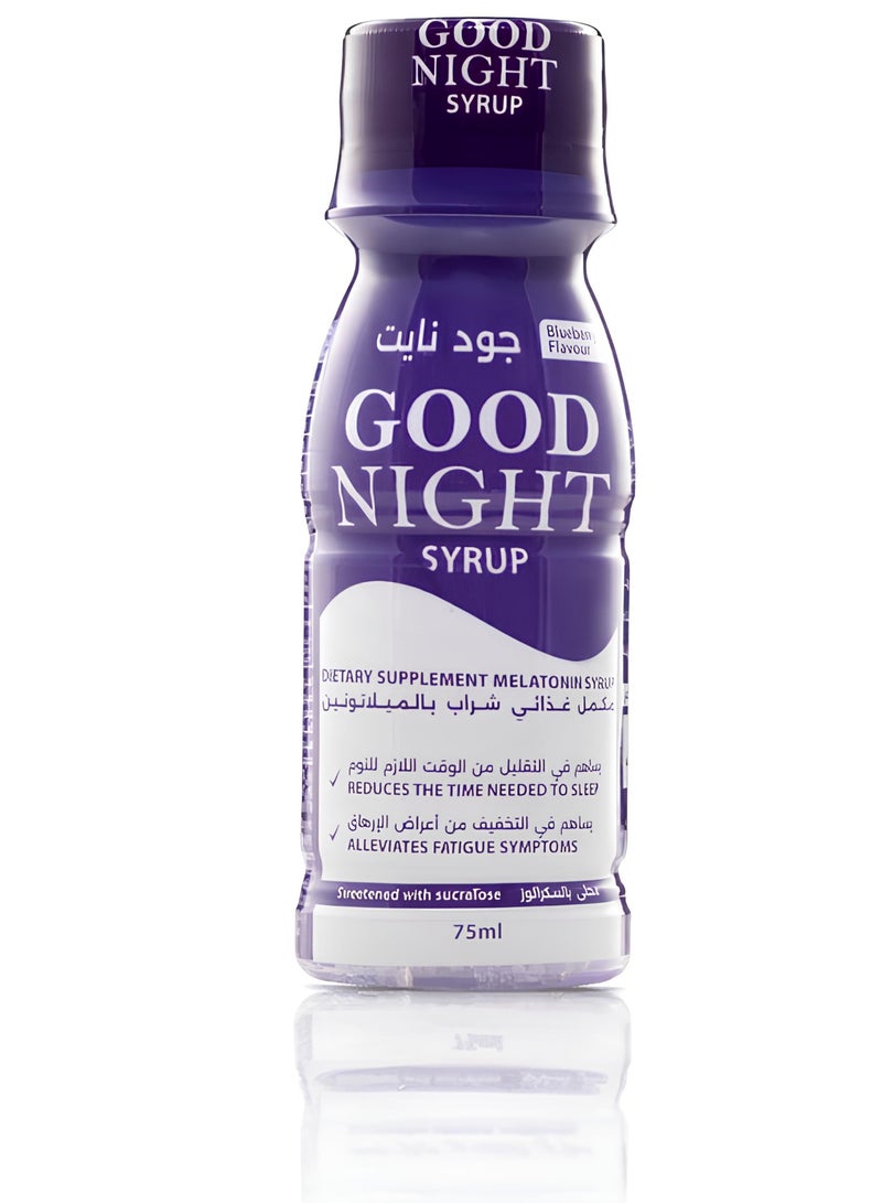 GOOD NIGHT Melatonin syrup with blueberry flavor – 75 ml, a dietary supplement that helps promote restful sleep and relaxation. - Image 1